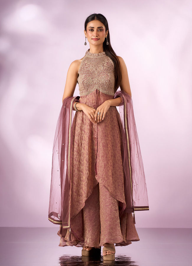 Mohey Women Dusty Pink Organza Anarkali Suit with Hand Embroidery