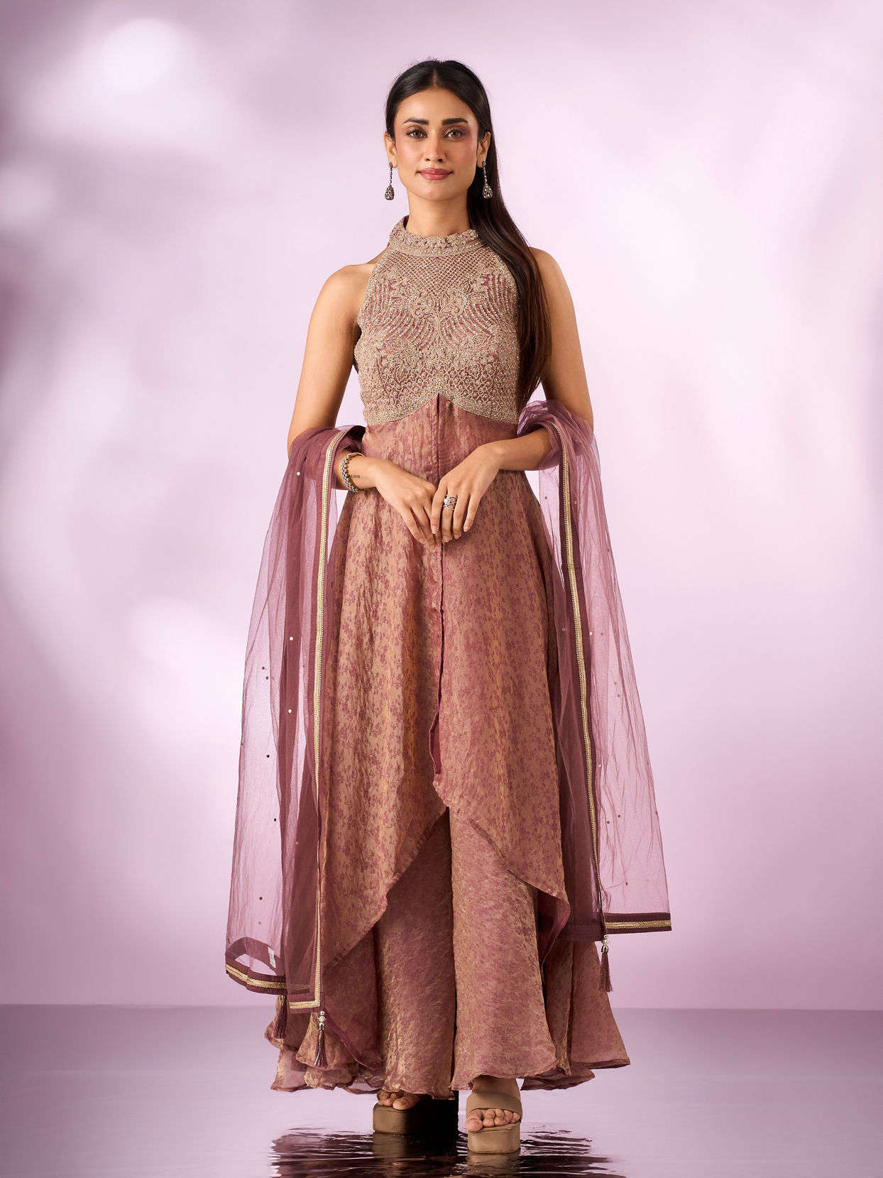 Mohey Women Dusty Pink Organza Anarkali Suit with Hand Embroidery