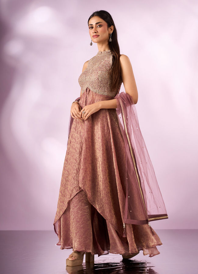 Mohey Women Dusty Pink Organza Anarkali Suit with Hand Embroidery