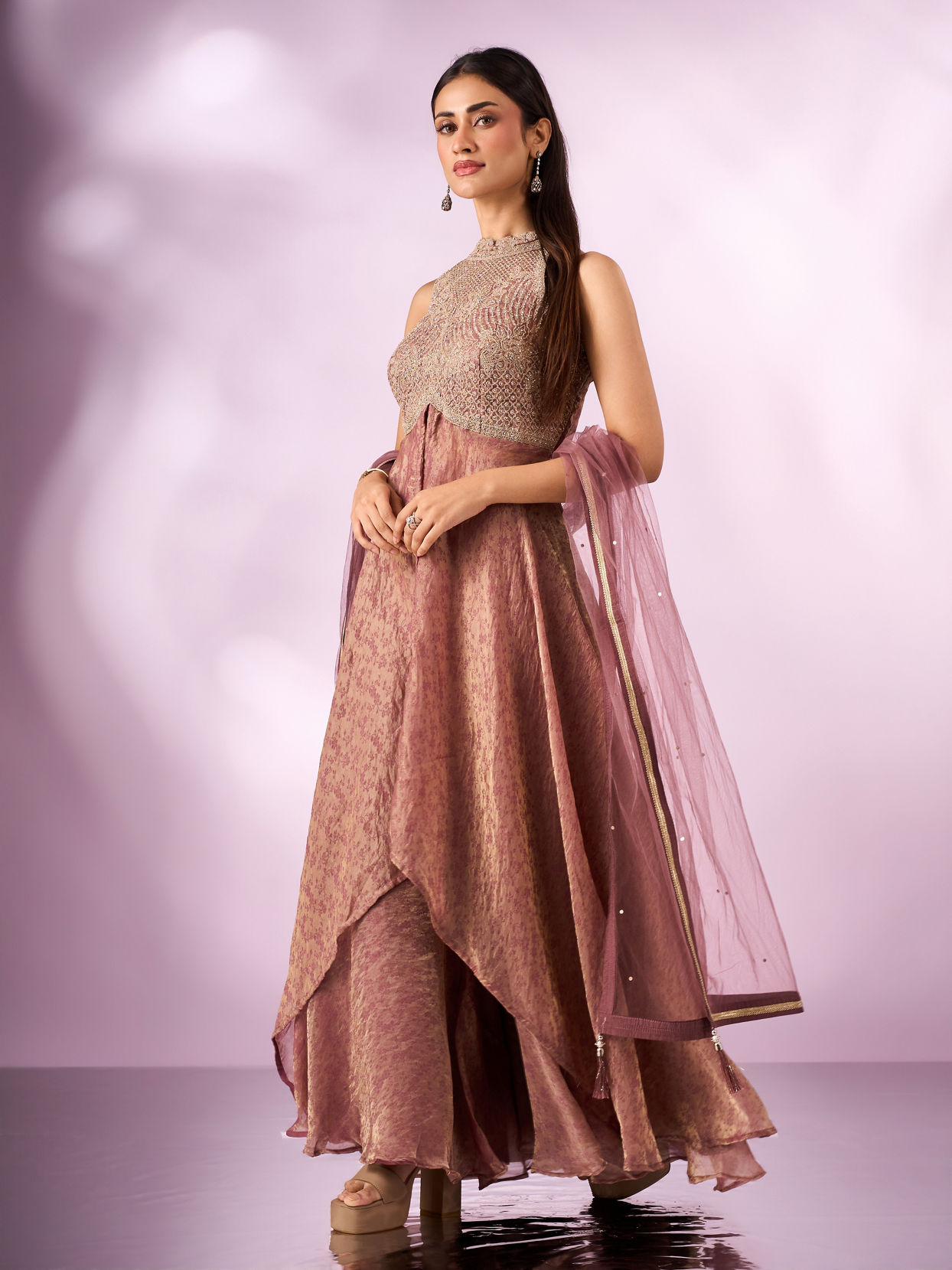 Mohey Women Dusty Pink Organza Anarkali Suit with Hand Embroidery