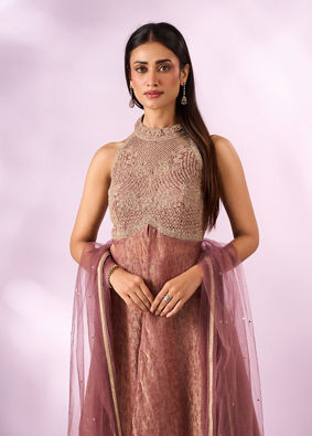 Mohey Women Dusty Pink Organza Anarkali Suit with Hand Embroidery