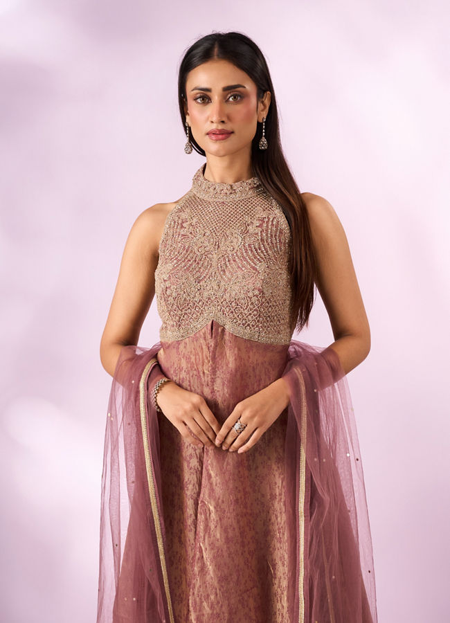 Mohey Women Dusty Pink Organza Anarkali Suit with Hand Embroidery