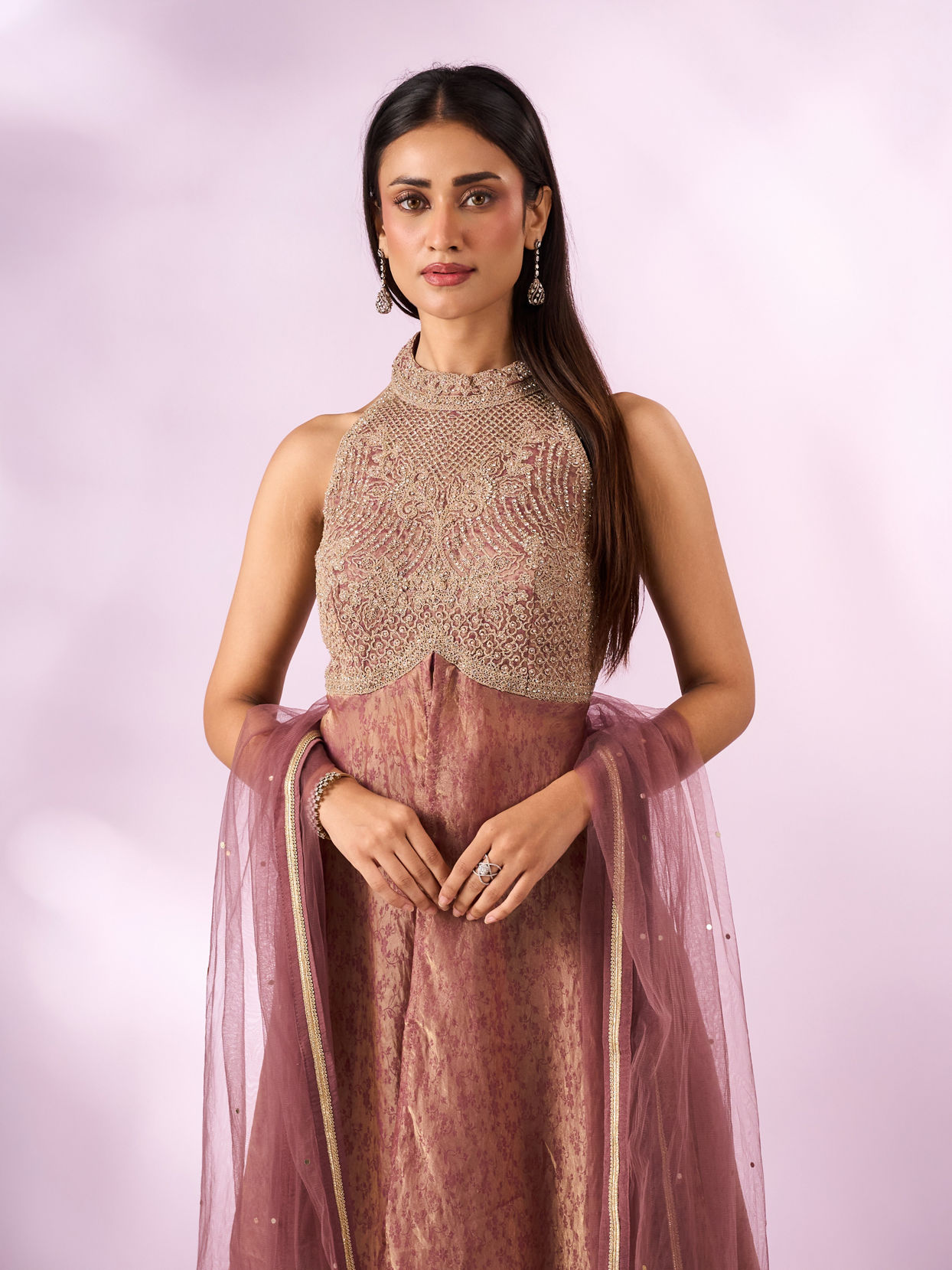 Mohey Women Dusty Pink Organza Anarkali Suit with Hand Embroidery