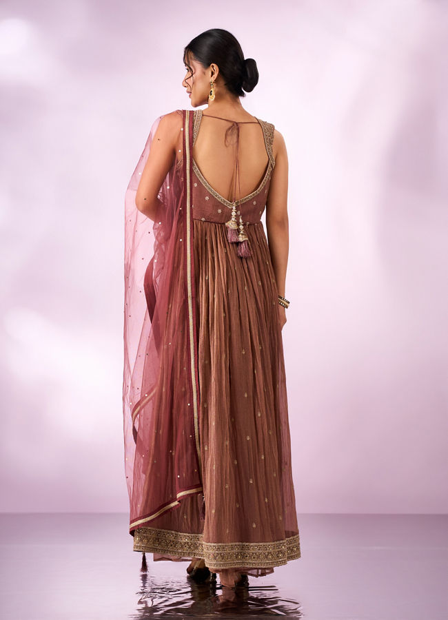 Mohey Women Dusty Pink Tissue Anarkali Suit with Hand Embroidery