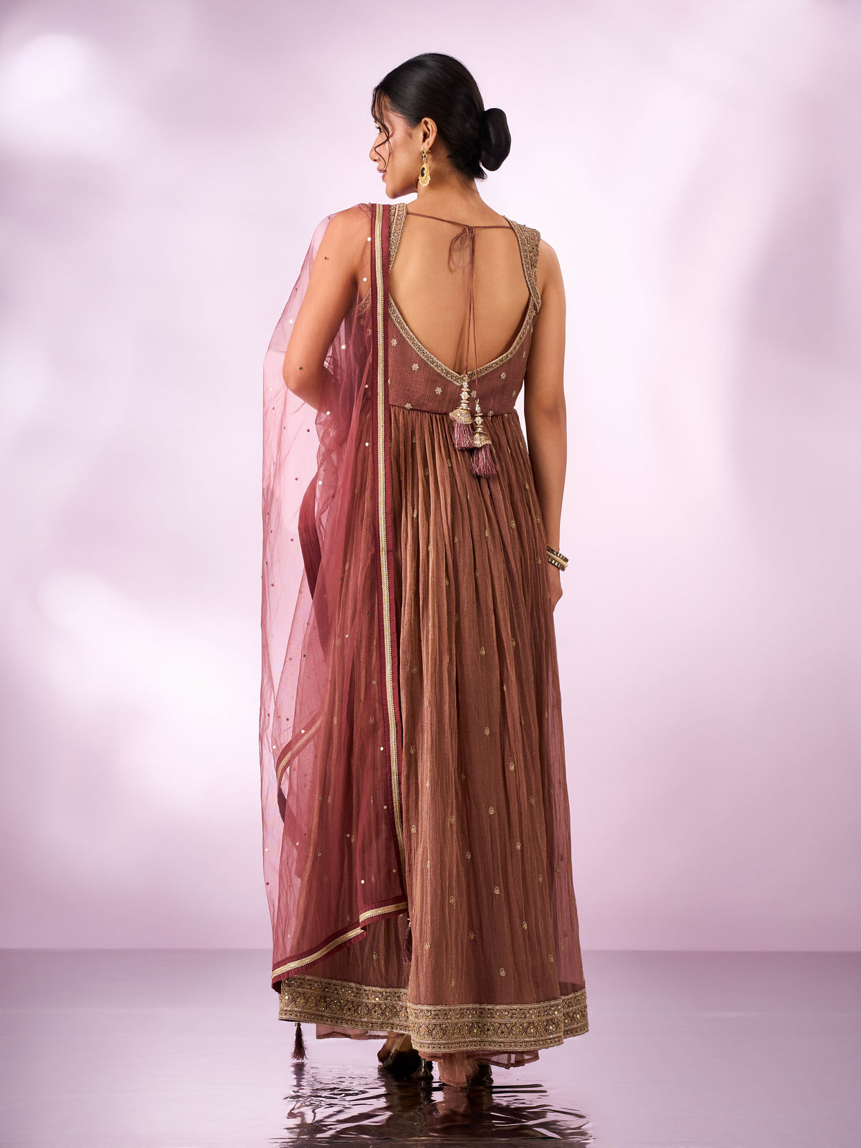 Mohey Women Dusty Pink Tissue Anarkali Suit with Hand Embroidery