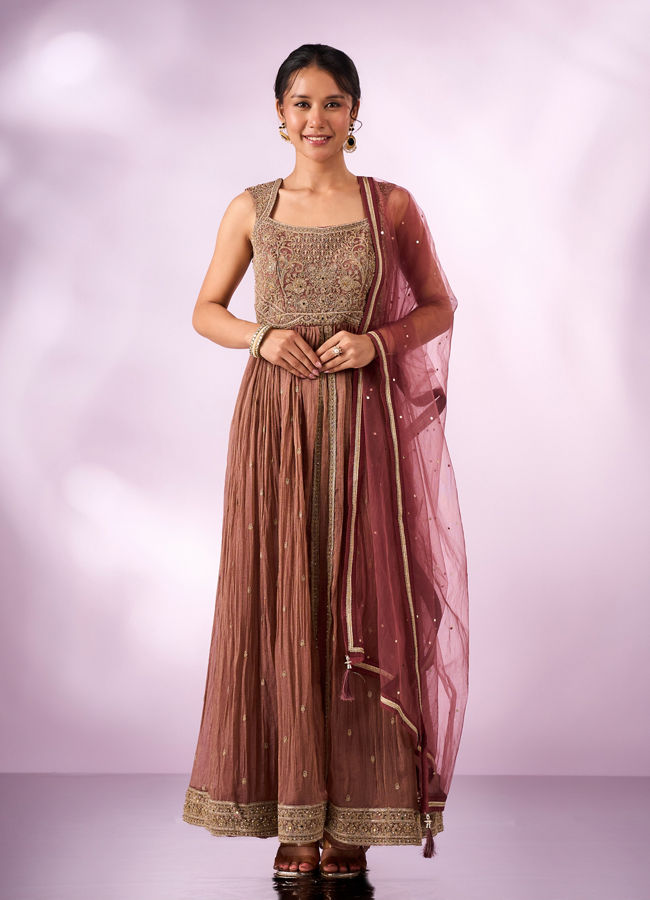 Mohey Women Dusty Pink Tissue Anarkali Suit with Hand Embroidery