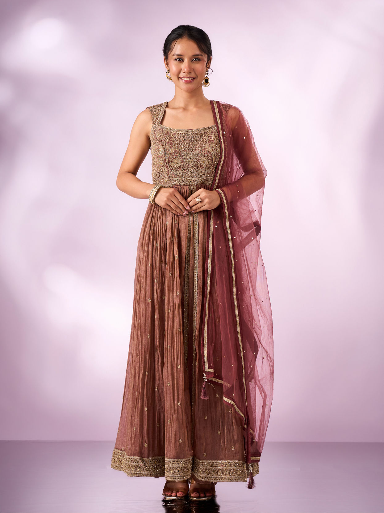 Mohey Women Dusty Pink Tissue Anarkali Suit with Hand Embroidery
