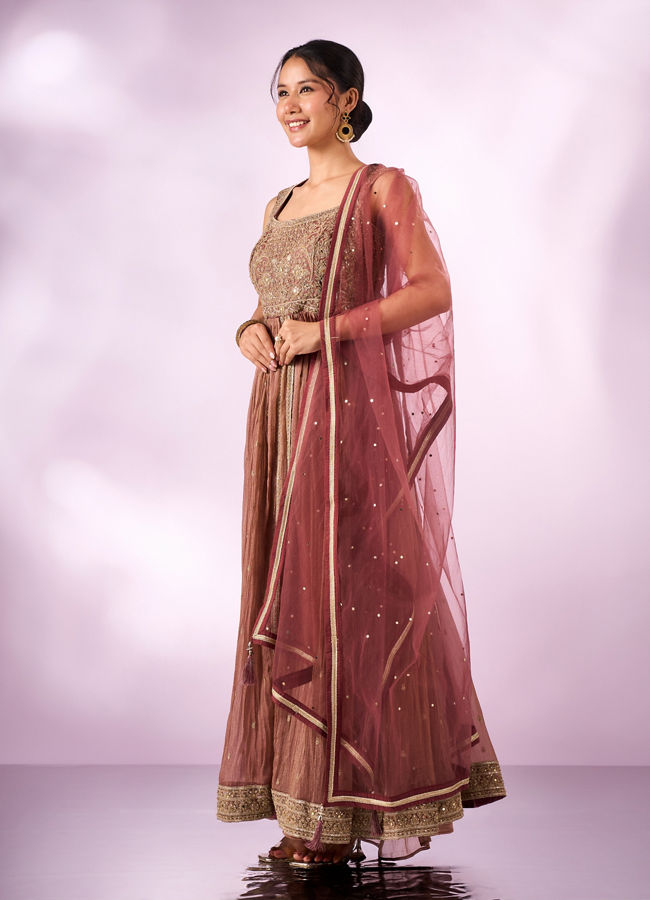 Mohey Women Dusty Pink Tissue Anarkali Suit with Hand Embroidery