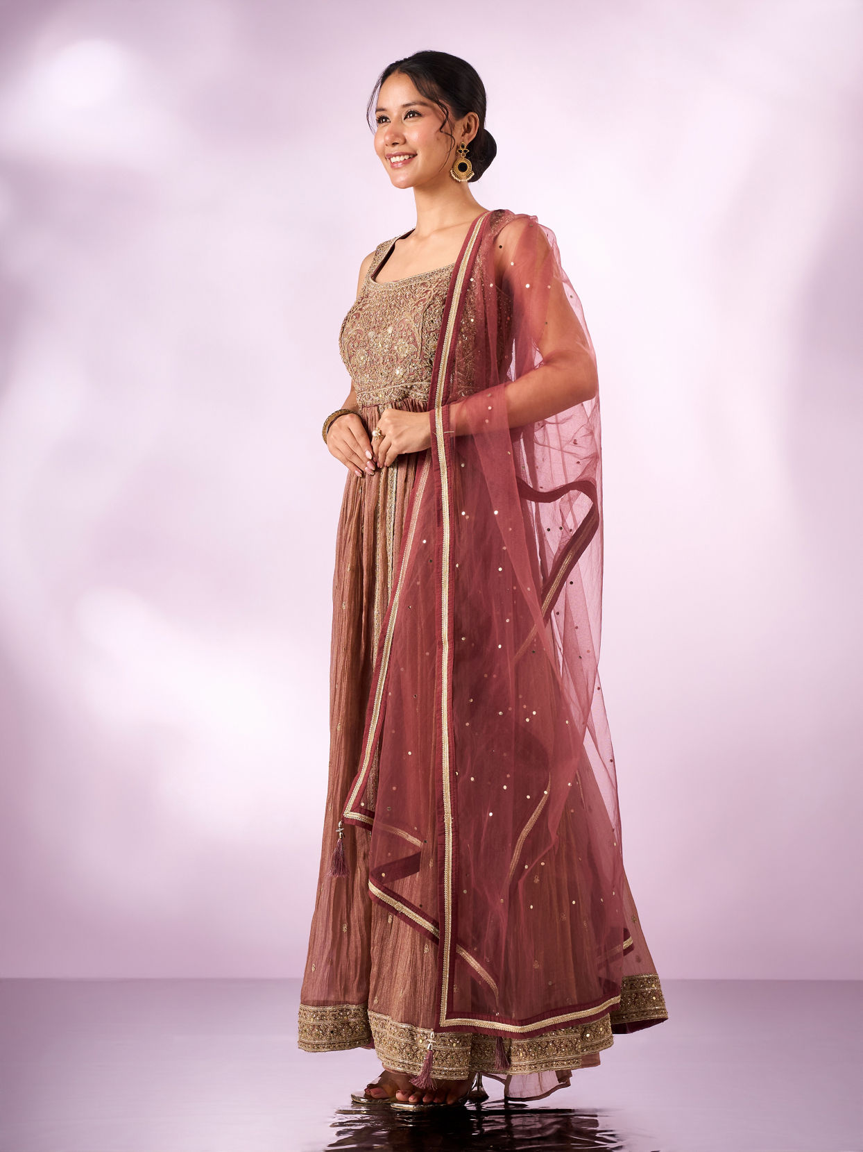 Mohey Women Dusty Pink Tissue Anarkali Suit with Hand Embroidery