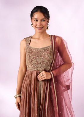 Mohey Women Dusty Pink Tissue Anarkali Suit with Hand Embroidery