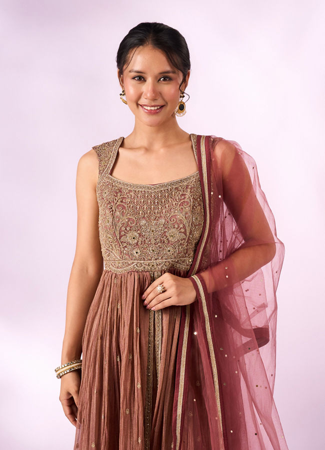 Mohey Women Dusty Pink Tissue Anarkali Suit with Hand Embroidery