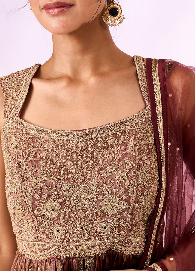 Mohey Women Dusty Pink Tissue Anarkali Suit with Hand Embroidery