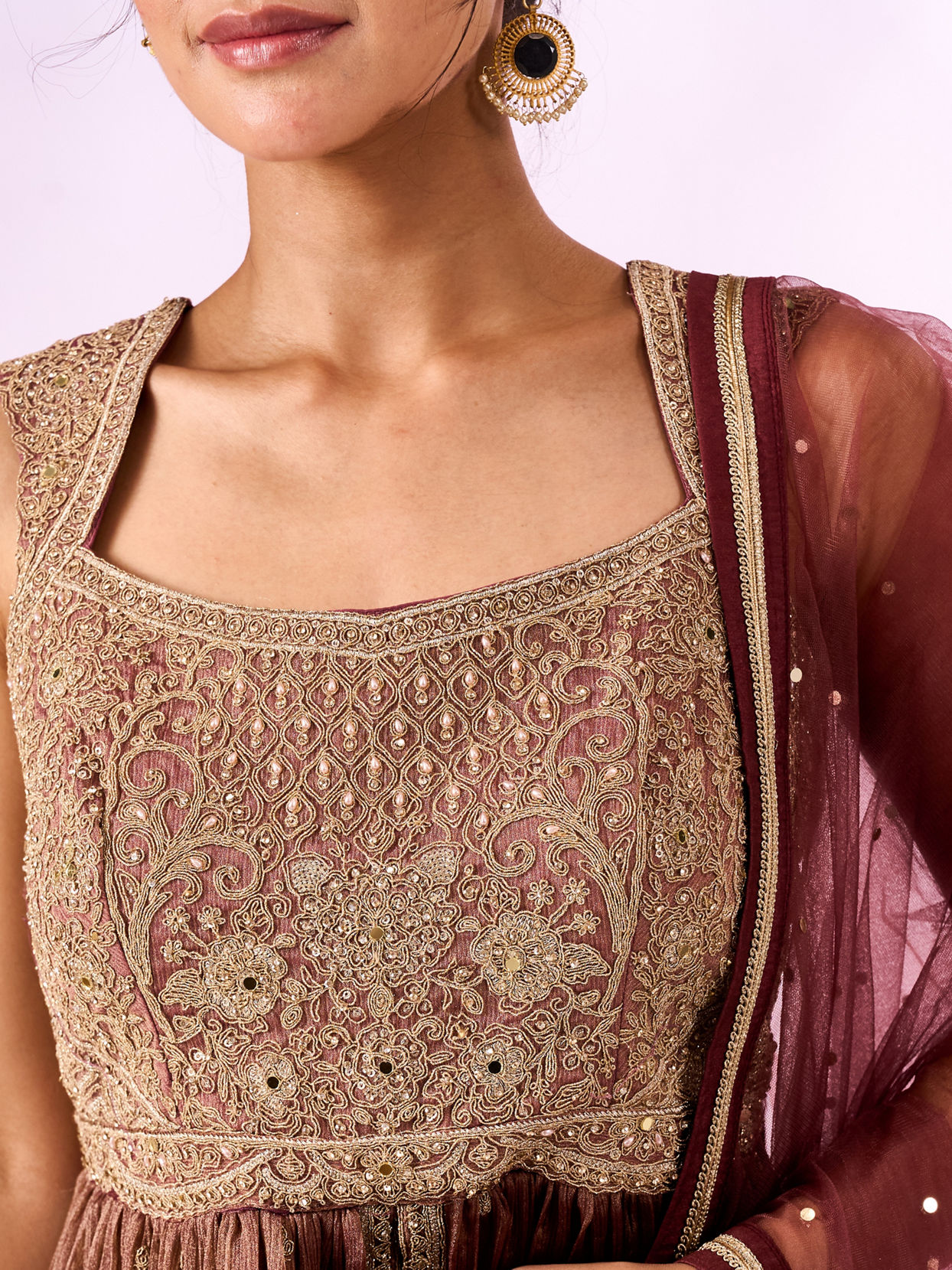 Mohey Women Dusty Pink Tissue Anarkali Suit with Hand Embroidery