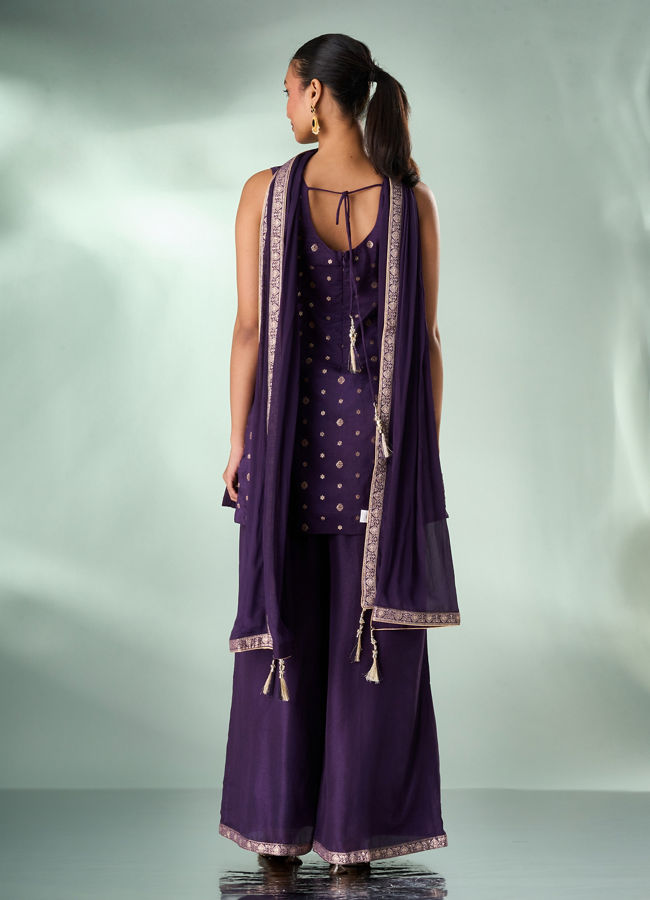 Mohey Women Wine Art Silk Palazzo Suit with Hand Embroidery