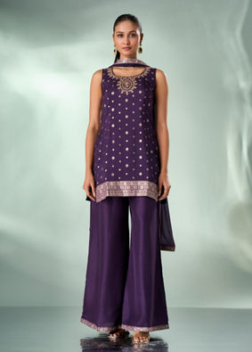 Mohey Women Wine Art Silk Palazzo Suit with Hand Embroidery