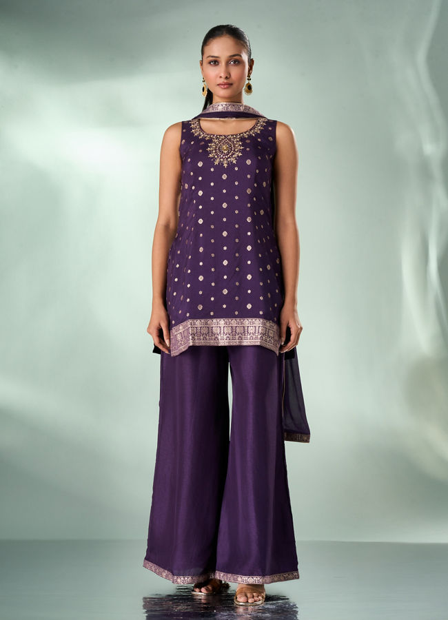 Mohey Women Wine Art Silk Palazzo Suit with Hand Embroidery