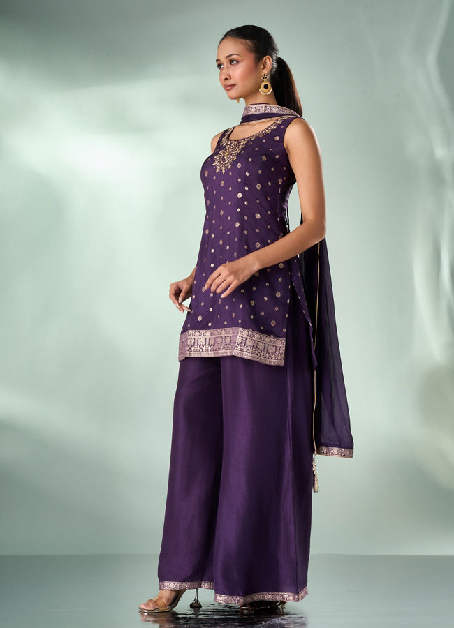 Mohey Women Wine Art Silk Palazzo Suit with Hand Embroidery