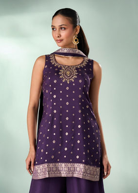 Mohey Women Wine Art Silk Palazzo Suit with Hand Embroidery