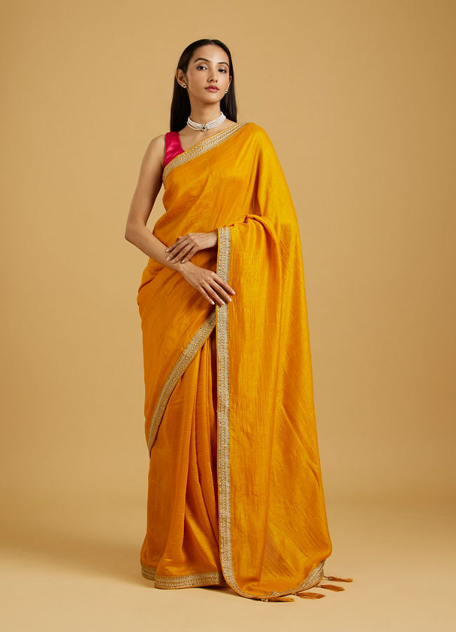 alt message - Mohey Women Mustard Yellow Extravaganza Saree image number 0