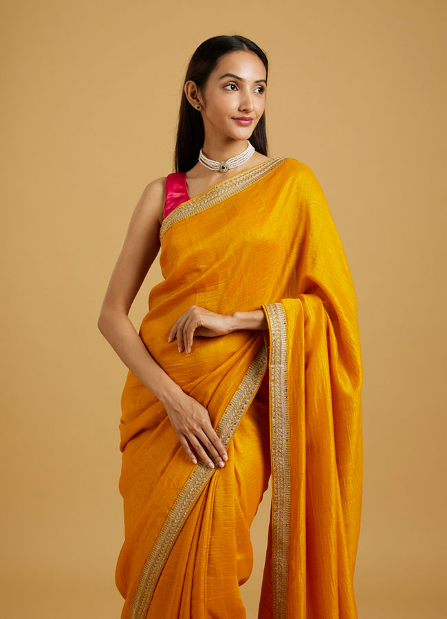 alt message - Mohey Women Mustard Yellow Extravaganza Saree image number 1