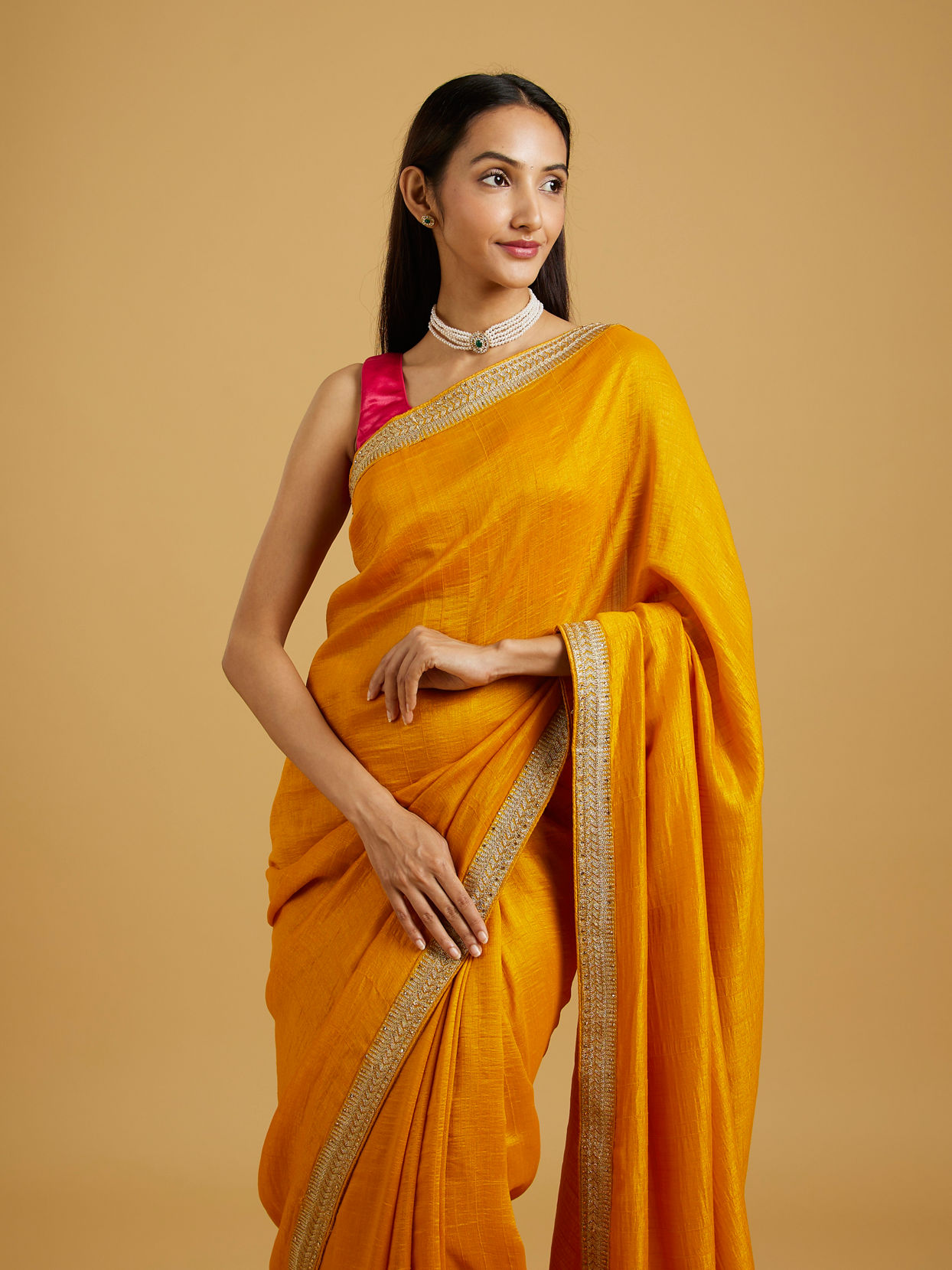 alt message - Mohey Women Mustard Yellow Extravaganza Saree image number 1