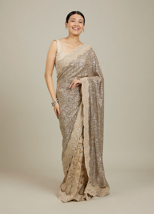 Mohey Women Sandstone Beige Rhinestone Work Saree