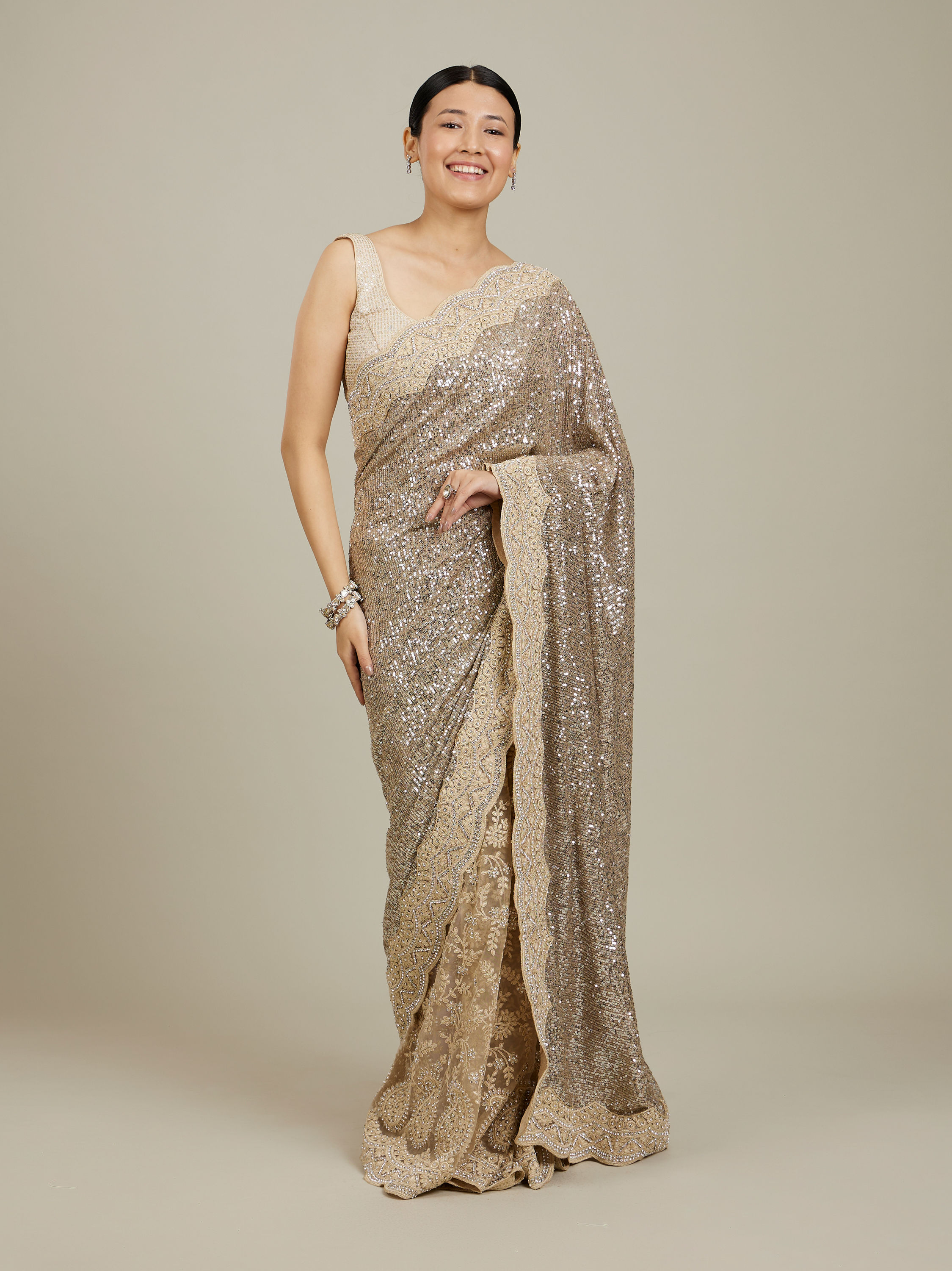 Mohey Women Sandstone Beige Rhinestone Work Saree