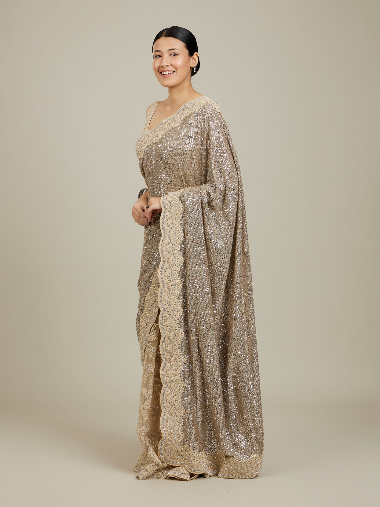 Mohey Women Sandstone Beige Rhinestone Work Saree
