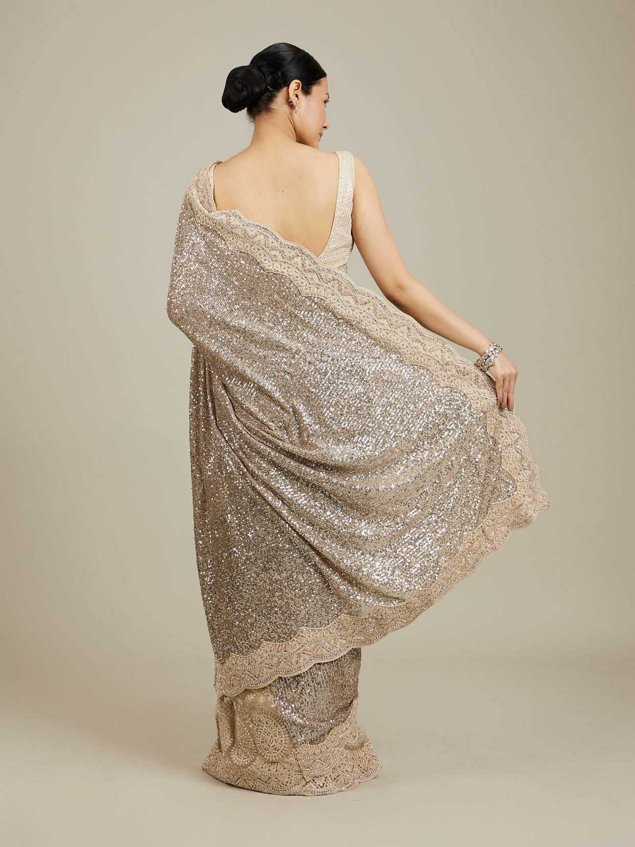 Mohey Women Sandstone Beige Rhinestone Work Saree