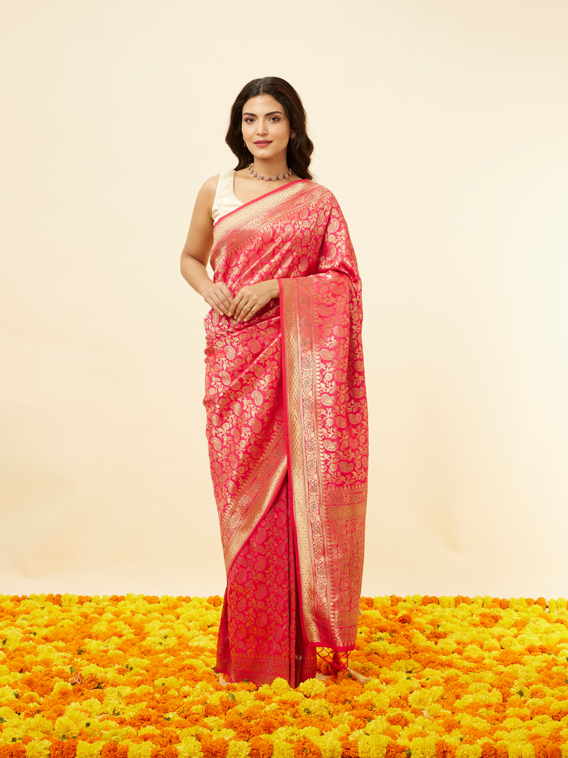 Mohey Women Rani Pink Stone Work and Zari Weave Saree