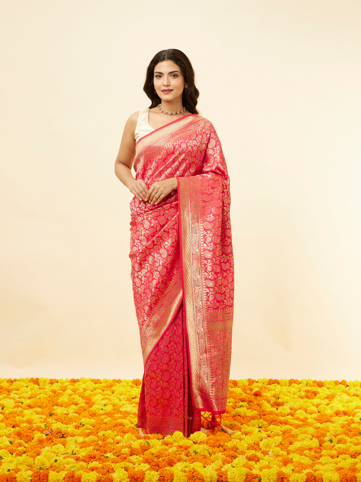 Mohey Women Rani Pink Stone Work and Zari Weave Saree