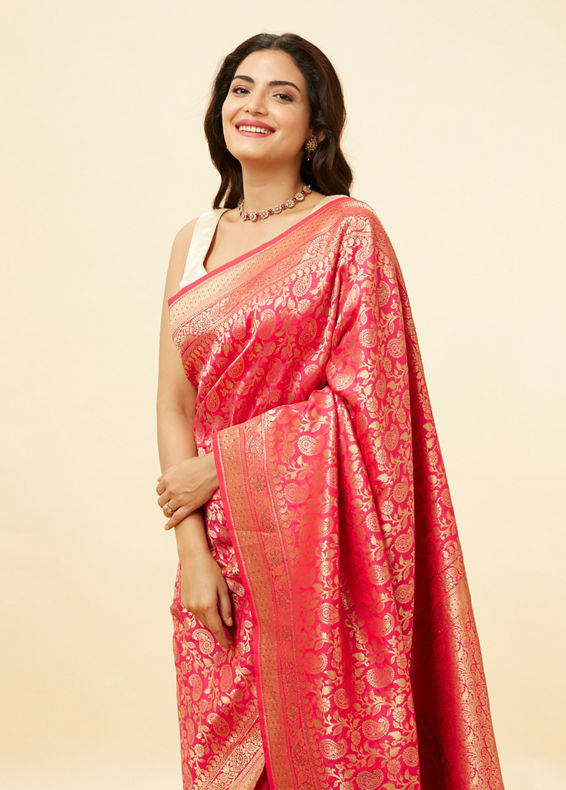 Mohey Women Rani Pink Stone Work and Zari Weave Saree