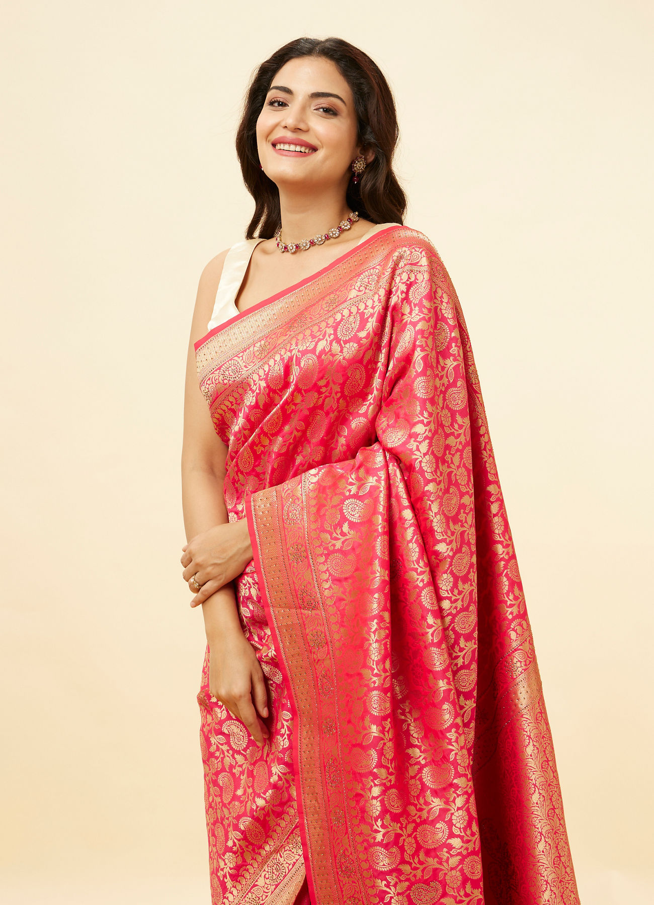 Mohey Women Rani Pink Stone Work and Zari Weave Saree