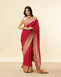 Mohey Women Berry Red Floral Buta Patterned Cutdana Embroidered Bridal Saree