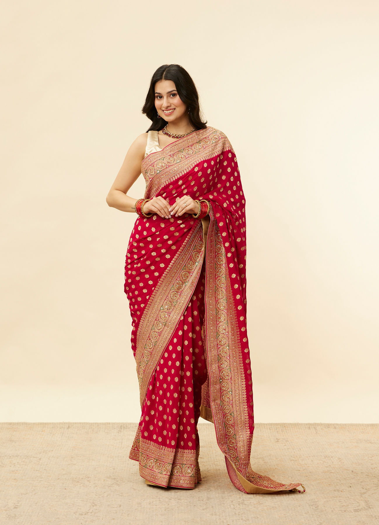 Mohey Women Berry Red Floral Buta Patterned Cutdana Embroidered Bridal Saree