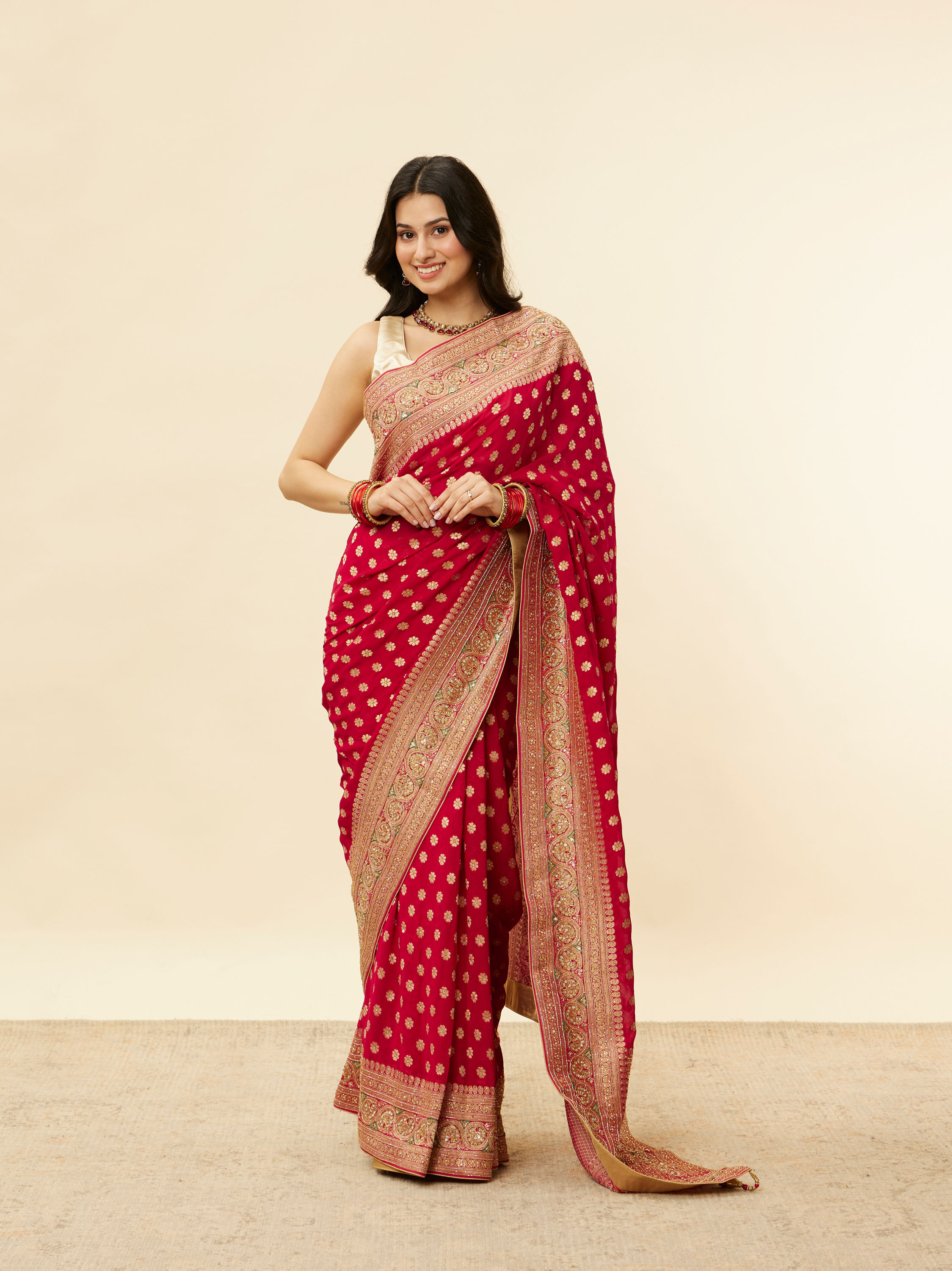 Mohey Women Berry Red Floral Buta Patterned Cutdana Embroidered Bridal Saree