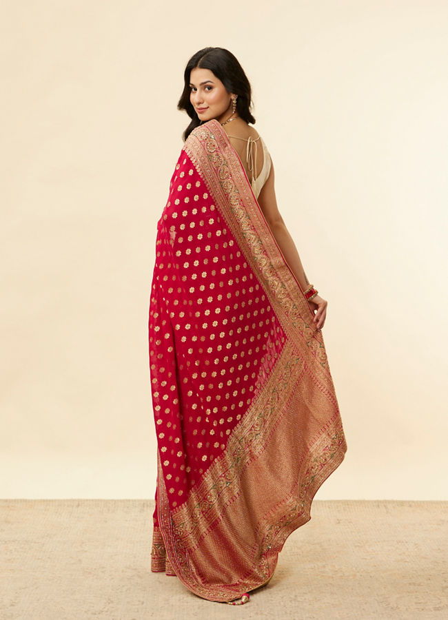 Mohey Women Berry Red Floral Buta Patterned Cutdana Embroidered Bridal Saree