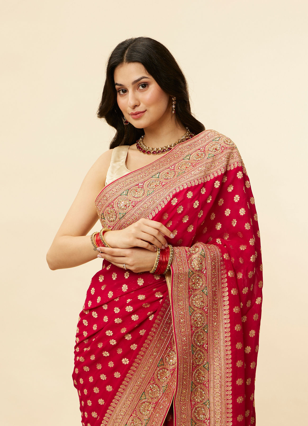 Mohey Women Berry Red Floral Buta Patterned Cutdana Embroidered Bridal Saree