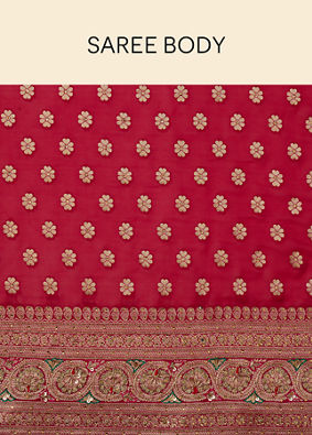 Berry Red Floral Buta Patterned Cutdana Embroidered Saree image number 4