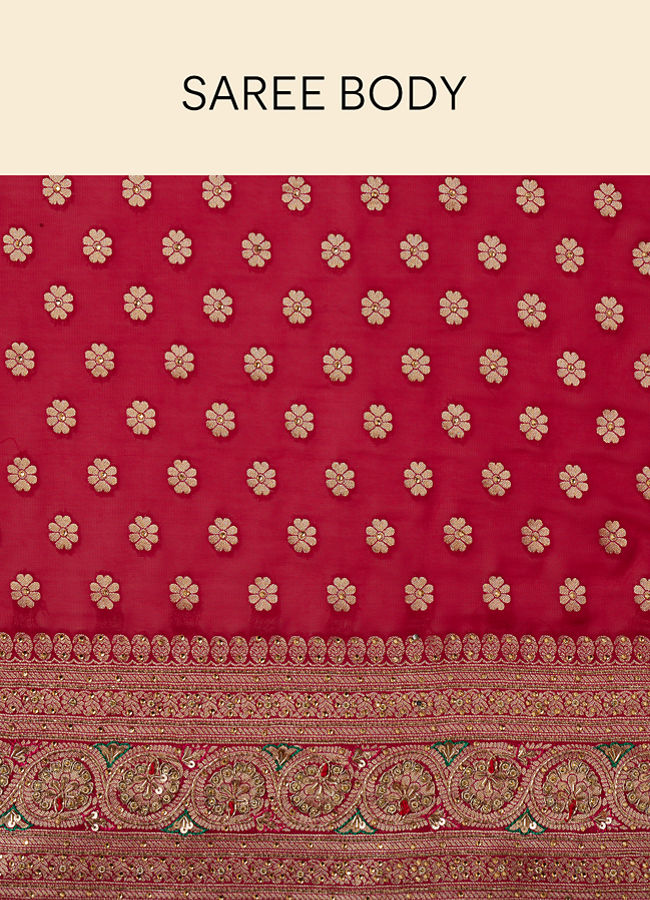 Mohey Women Berry Red Floral Buta Patterned Cutdana Embroidered Bridal Saree