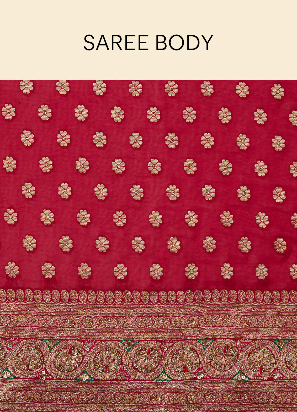 Mohey Women Berry Red Floral Buta Patterned Cutdana Embroidered Bridal Saree
