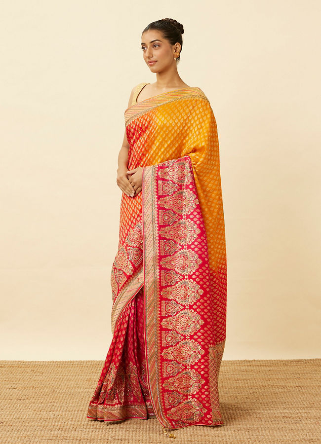 Mohey Women Blaze Orange Paisley Patterned Bridal Saree