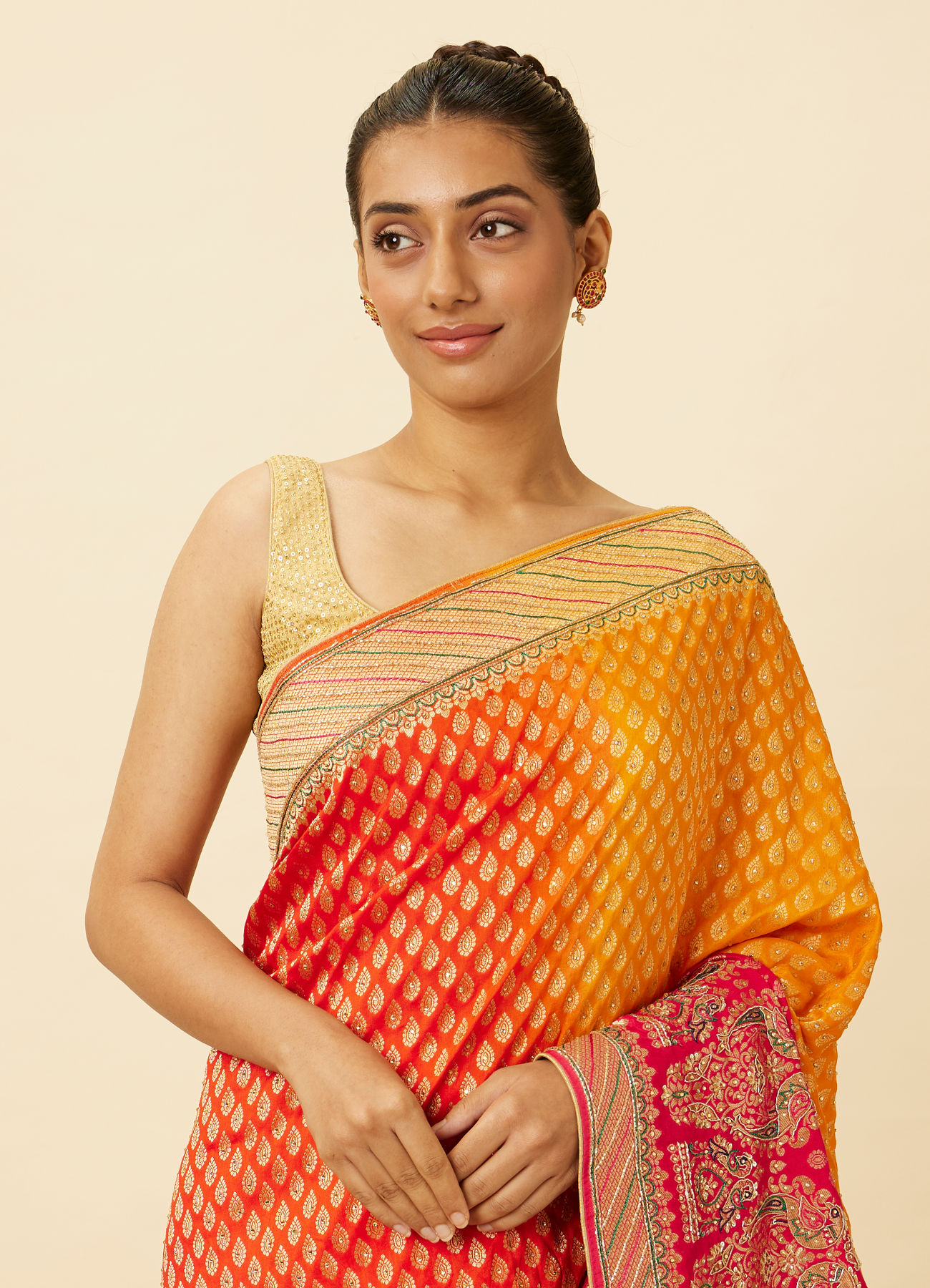 Mohey Women Blaze Orange Paisley Patterned Bridal Saree