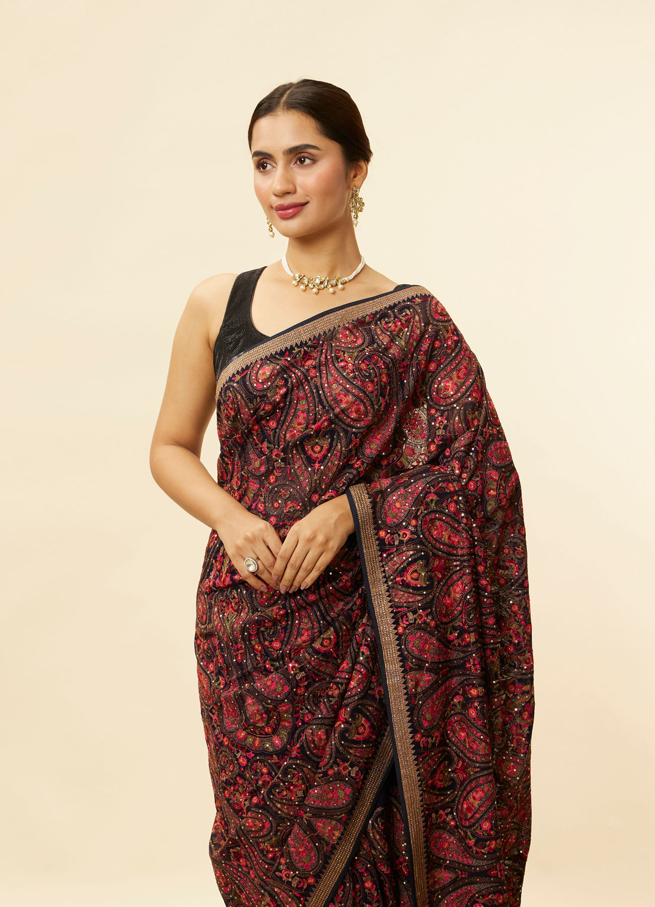 Mohey Women Midnight Blue Paisley Embroidered Sequined Saree