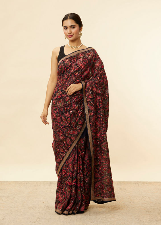 Mohey Women Midnight Blue Paisley Embroidered Sequined Saree