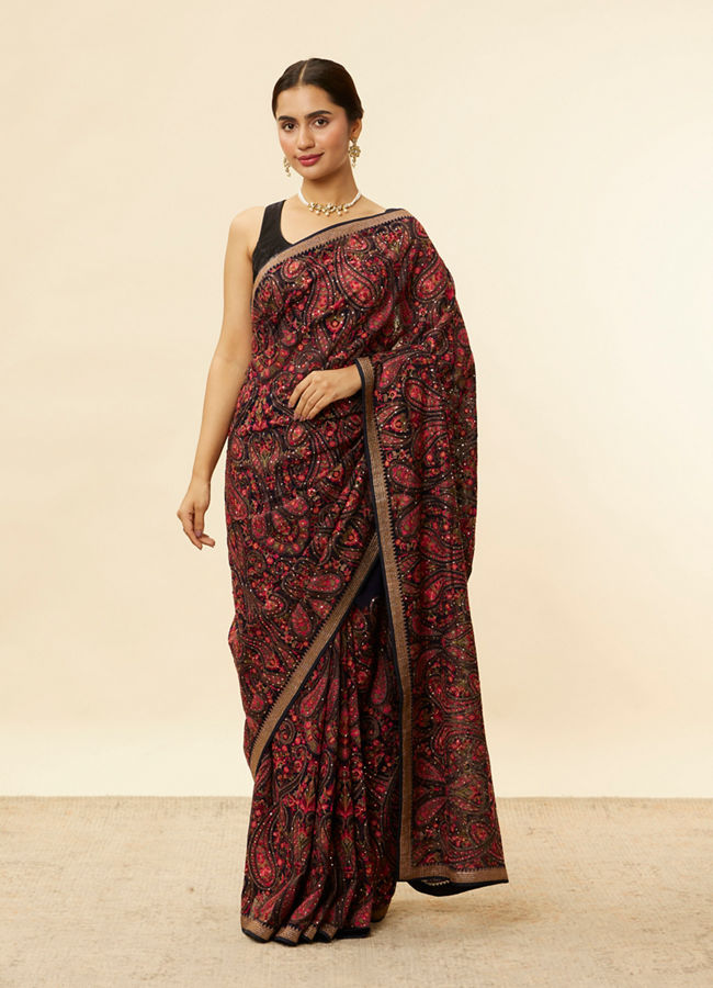 Mohey Women Midnight Blue Paisley Embroidered Sequined Saree