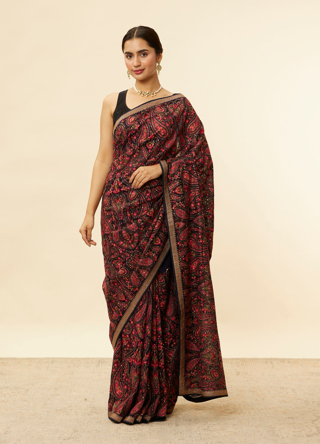Mohey Women Midnight Blue Paisley Embroidered Sequined Saree