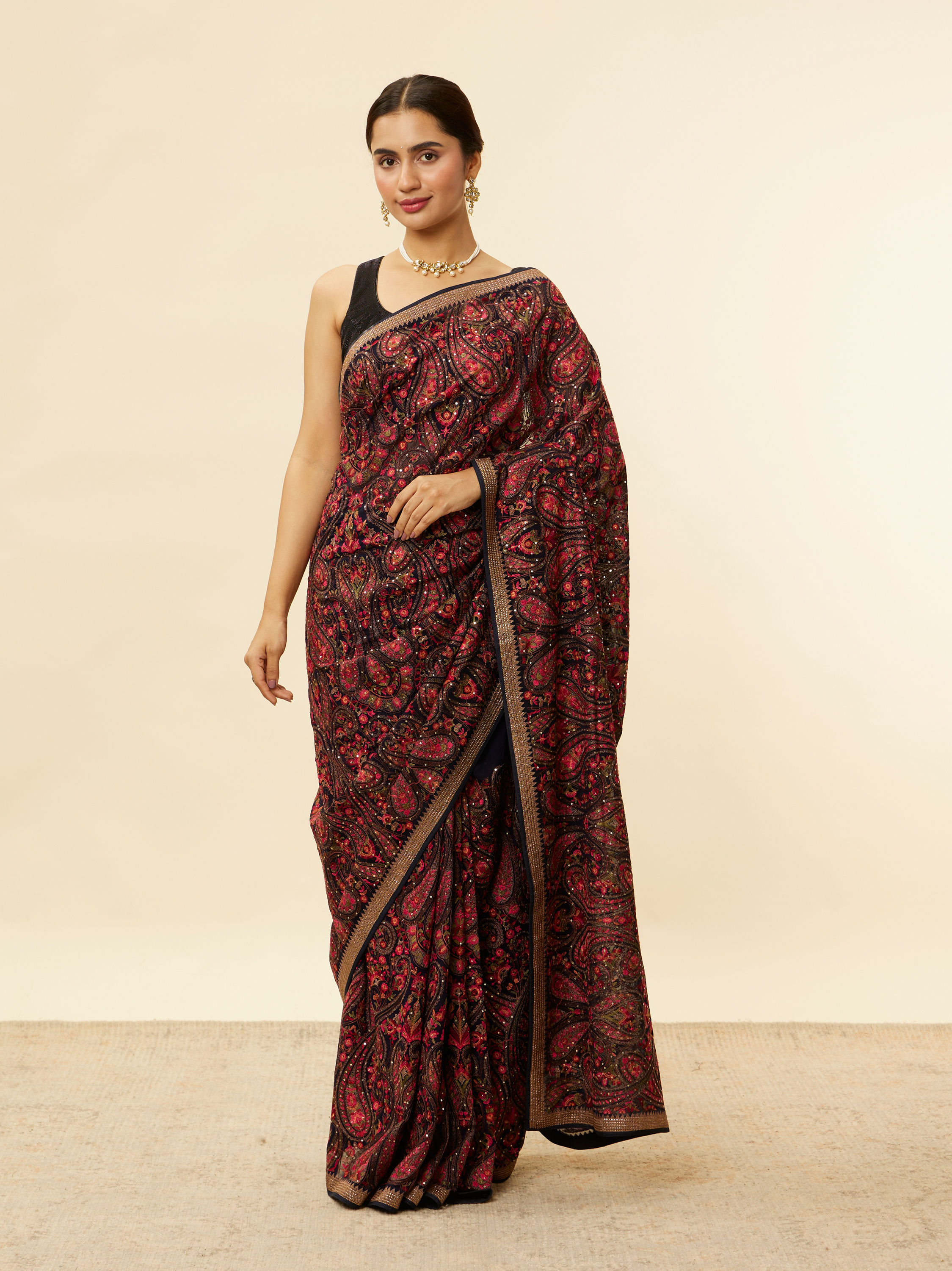 Mohey Women Midnight Blue Paisley Embroidered Sequined Saree
