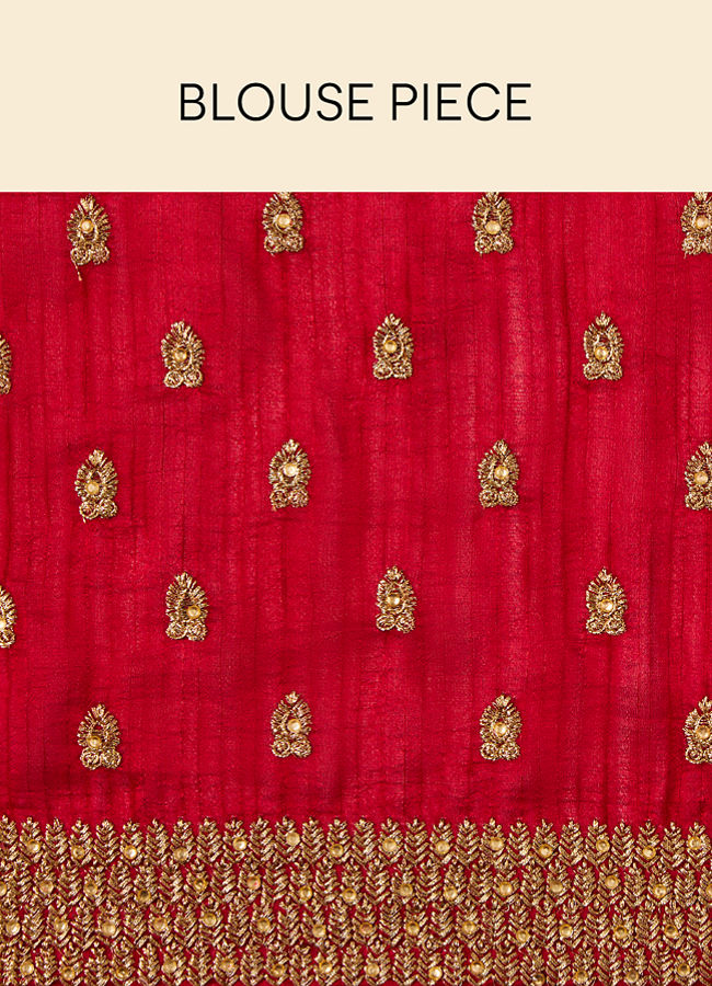 alt message - Mohey Women Fiesta Red Saree with Fern Embroidered Border image number 5