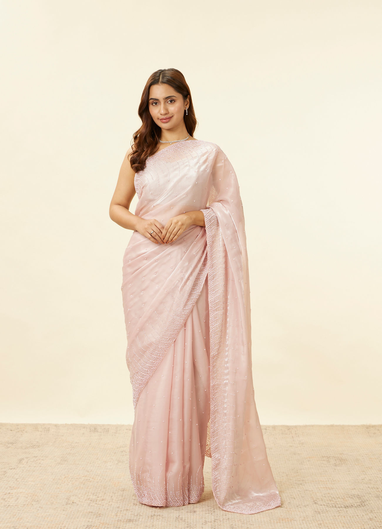 Mohey Women Lotus Pink Stone Work Saree